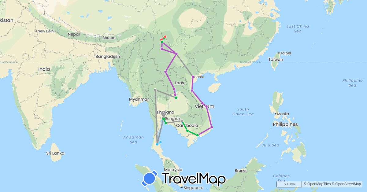 TravelMap itinerary: bus, plane, train, hiking, boat in China, Cambodia, Laos, Thailand, Vietnam (Asia)